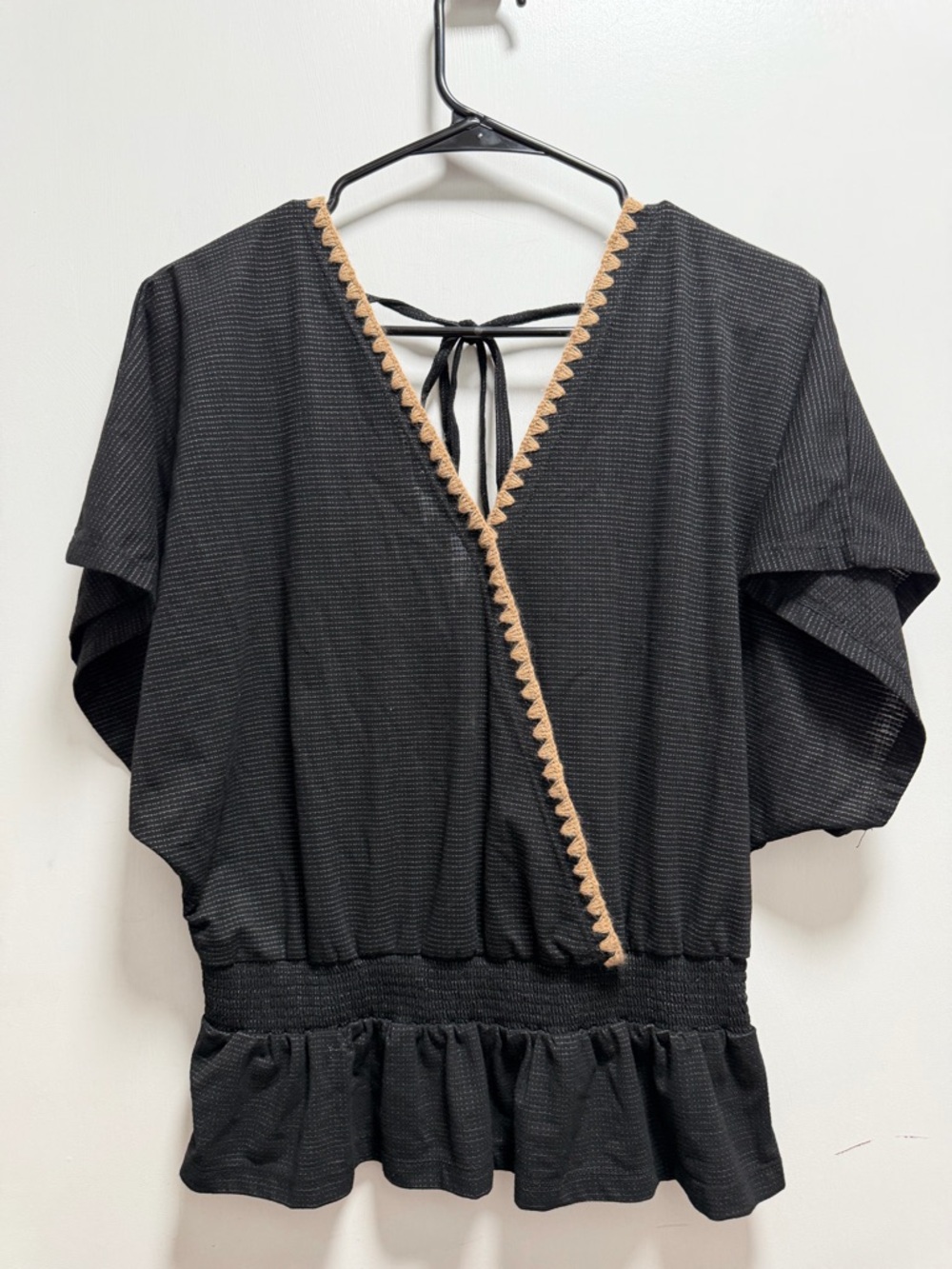 Hem & Thread Top Womens Sz S Black Open Back Cropped Boho Peasant Cinch Waist